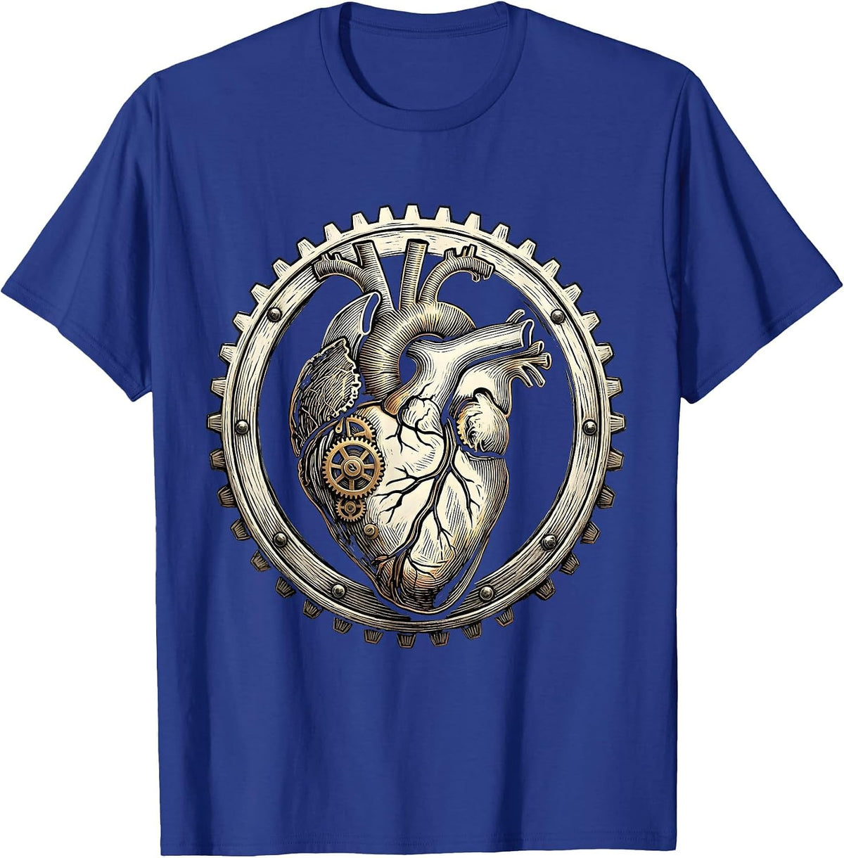 Steampunk Clockwork Heart Exposed Gears Design T-Shirt - Royal Blue