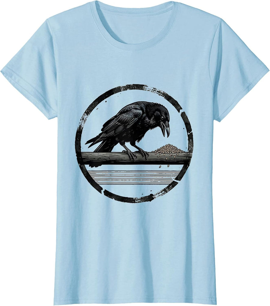 Women's Broken Stamp Crow Dark Humor Gothic Bird Lover T-Shirt - Baby Blue