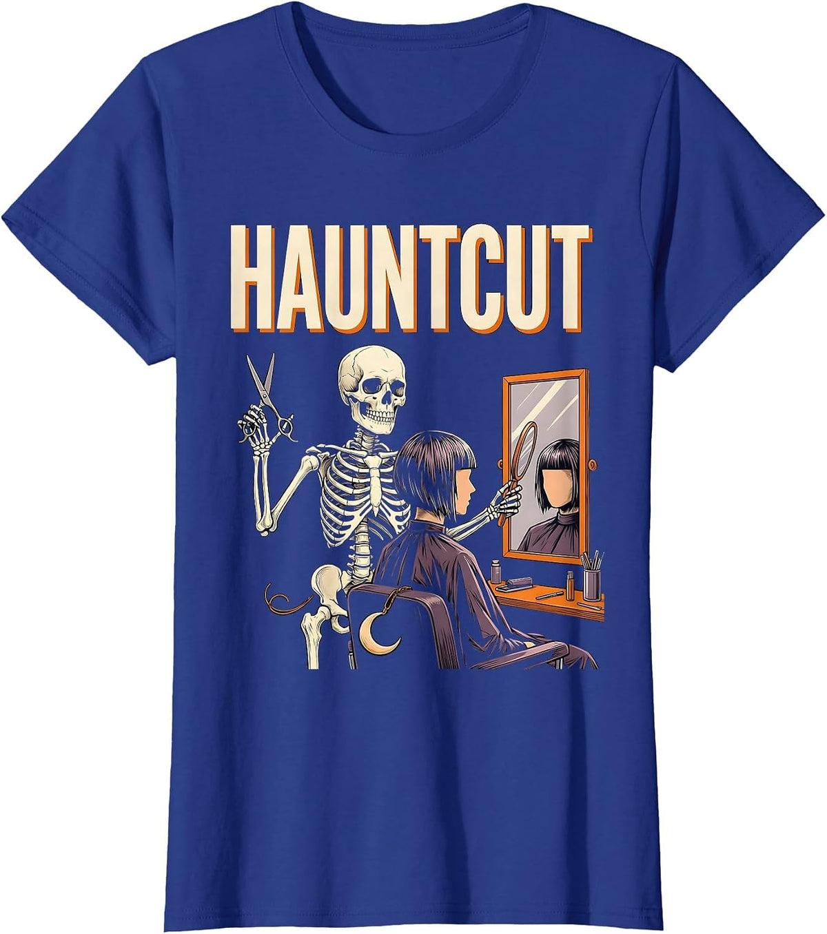 Women's Hauntcut Skeleton Hairstylist Barber Halloween Humor T-Shirt - Royal Blue