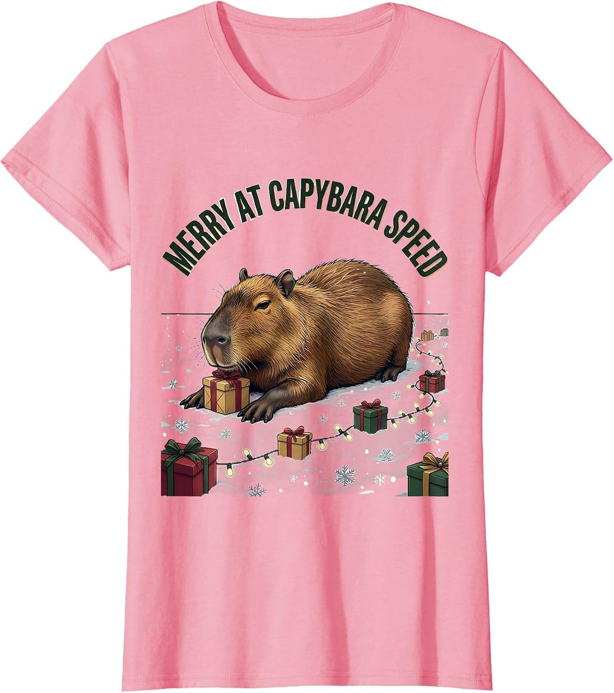 Women's Merry At Capybara Speed Cute Christmas Capybara Animal Lover T-Shirt - Pink