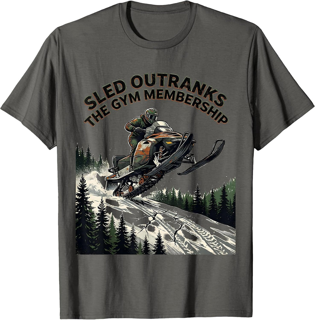 Men's Sled Outranks The Gym Membership Vintage Snowmobile Rider T-Shirt - Asphalt Grey