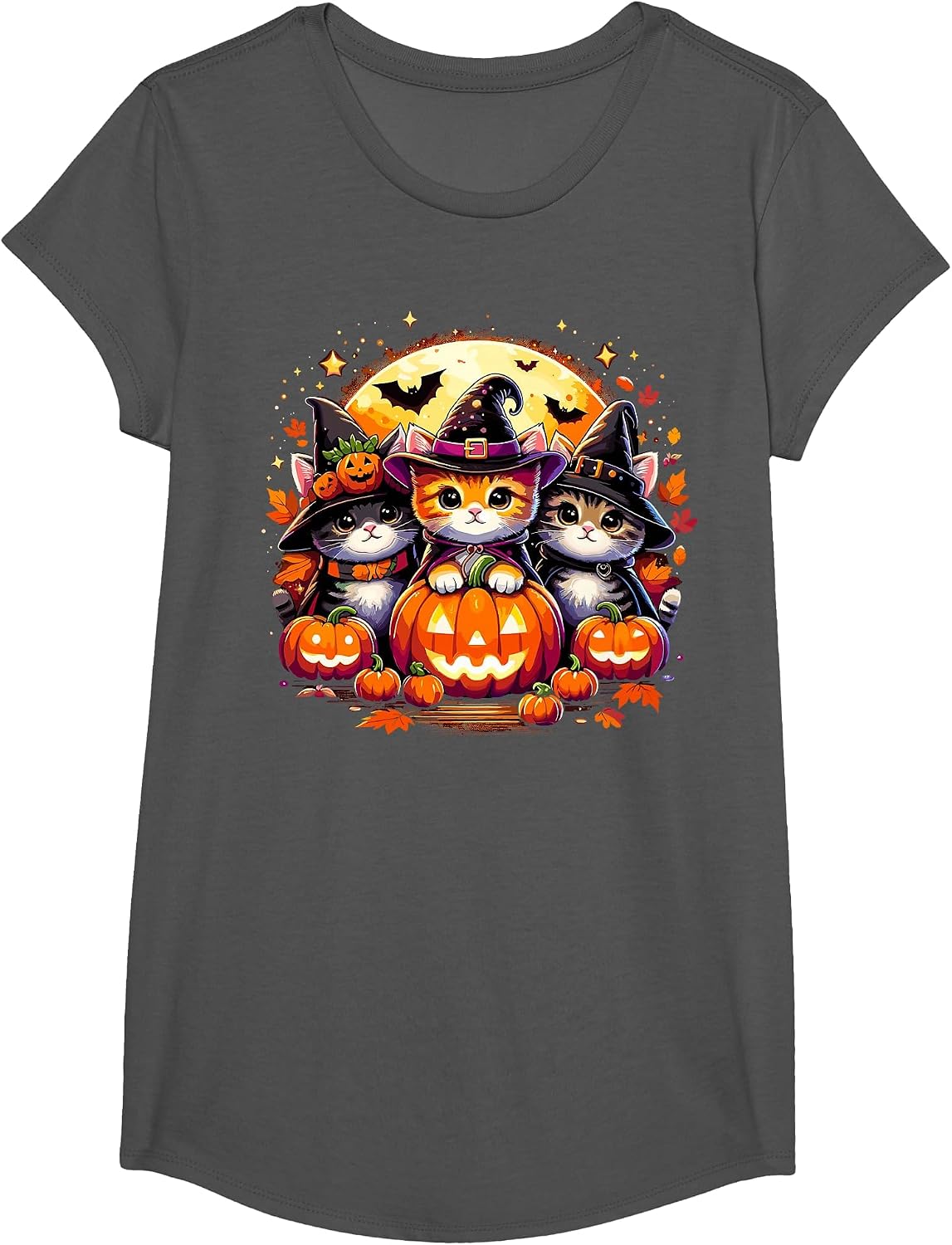 Halloween Cat Pumpkin Spooky T-Shirt - Girls Asphalt Grey