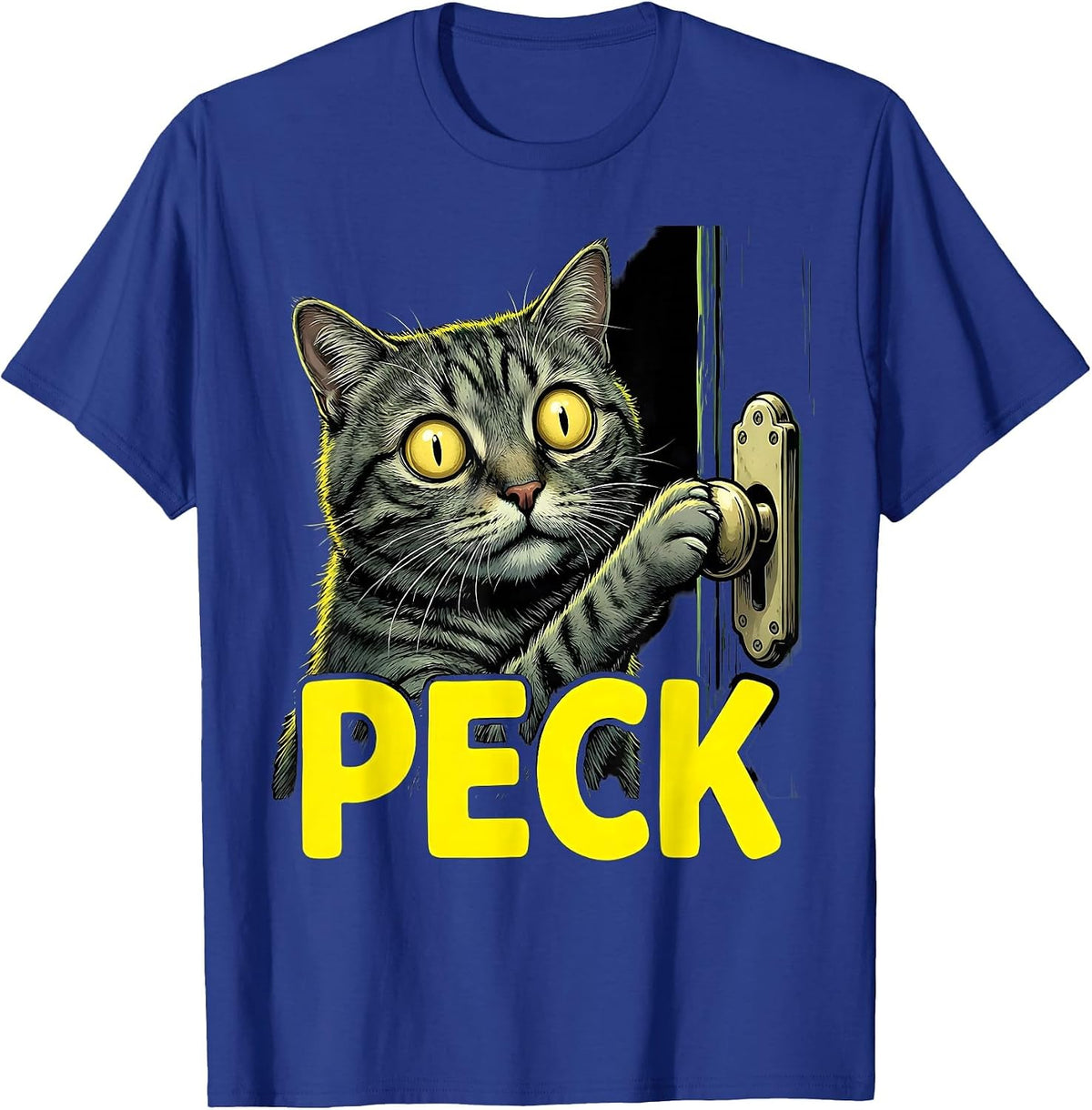 Men's Peck Cartoon Gray Tabby Cat Halloween Horror Parody Humor T-Shirt - Royal Blue