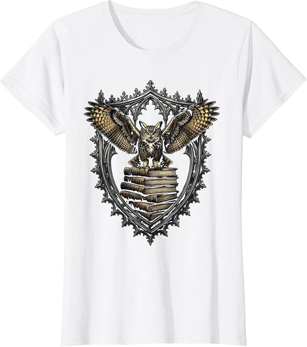 Owl on Ancient Books Renaissance Scholar Design T-Shirt - White