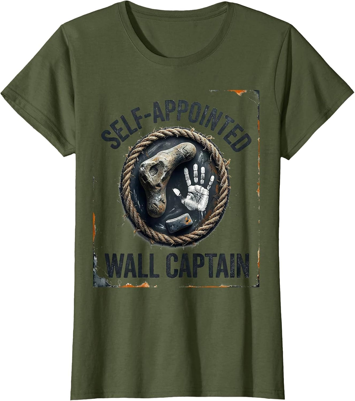 Women's Self-Appointed Wall Captain Distressed Funny Rock Climbing T-Shirt - Olive Green