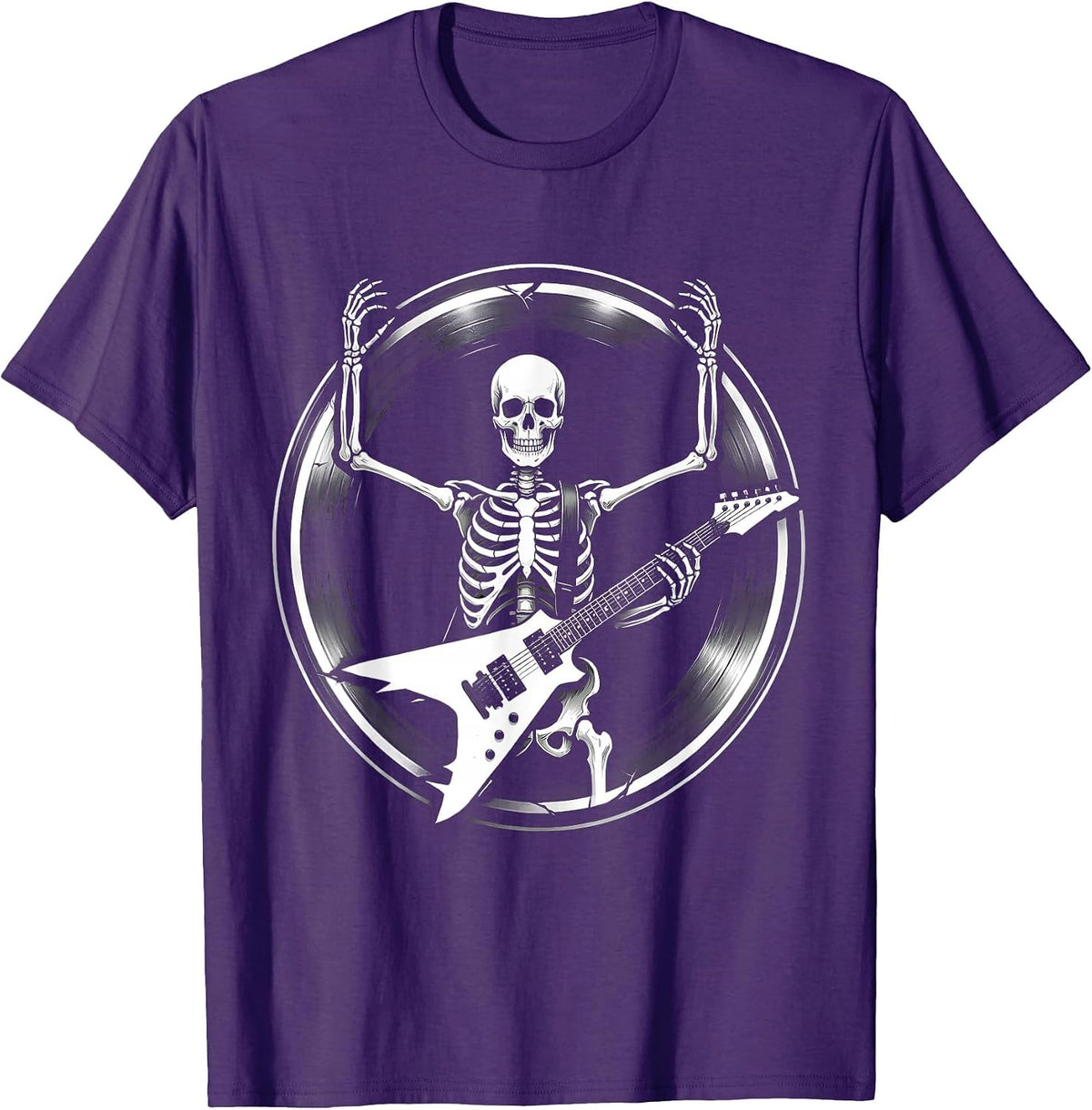 Skeleton Guitarist Shredding on Stage Rock Design T-Shirt - Purple