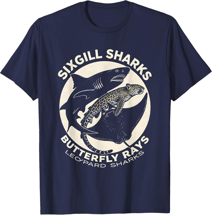 Sixgill Sharks, Leopard Sharks, Butterfly Rays Marine T-Shirt - Navy Blue