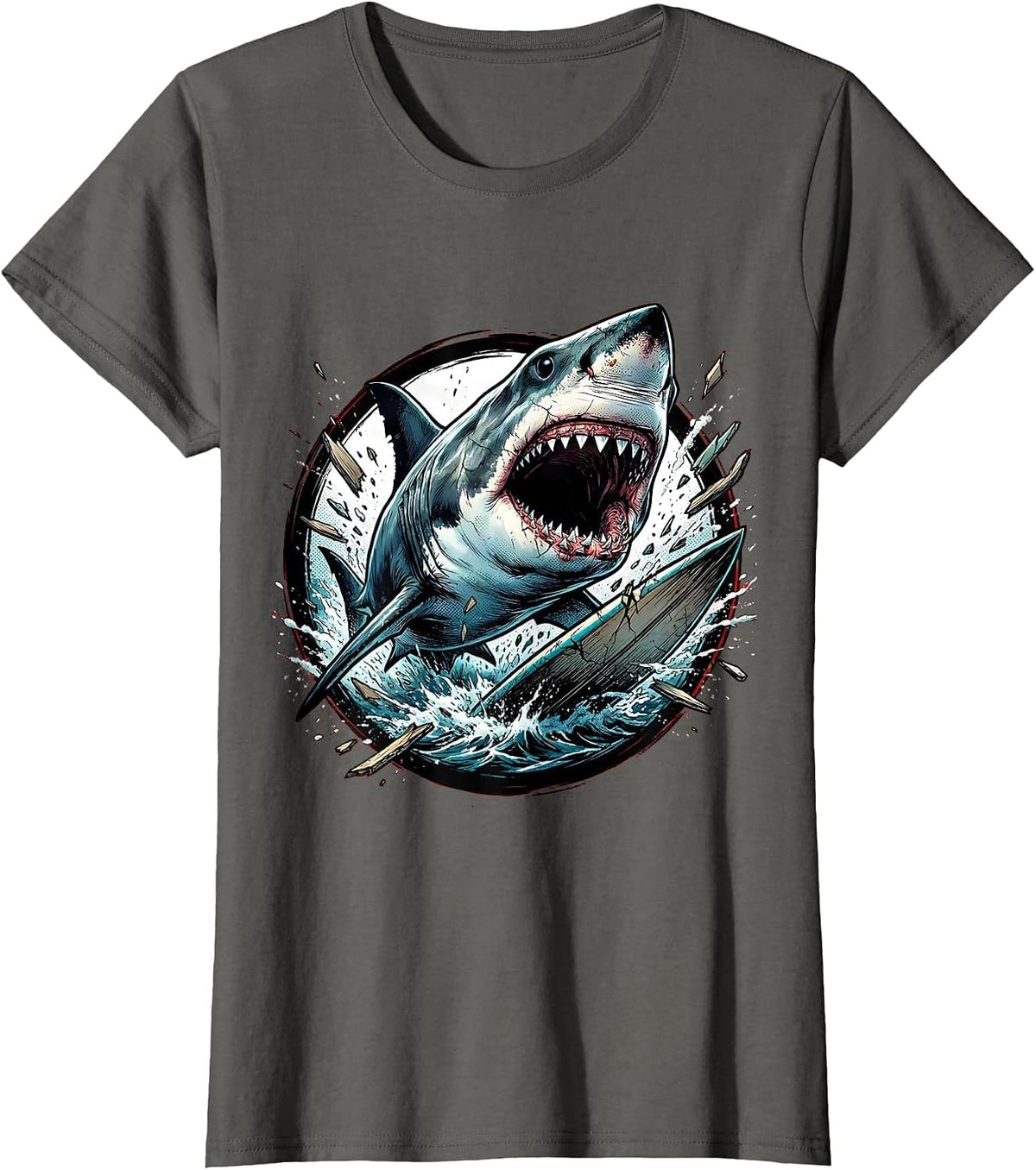 Women's Great White Shark Surfboard Attack Graphic T-Shirt - Asphalt Grey