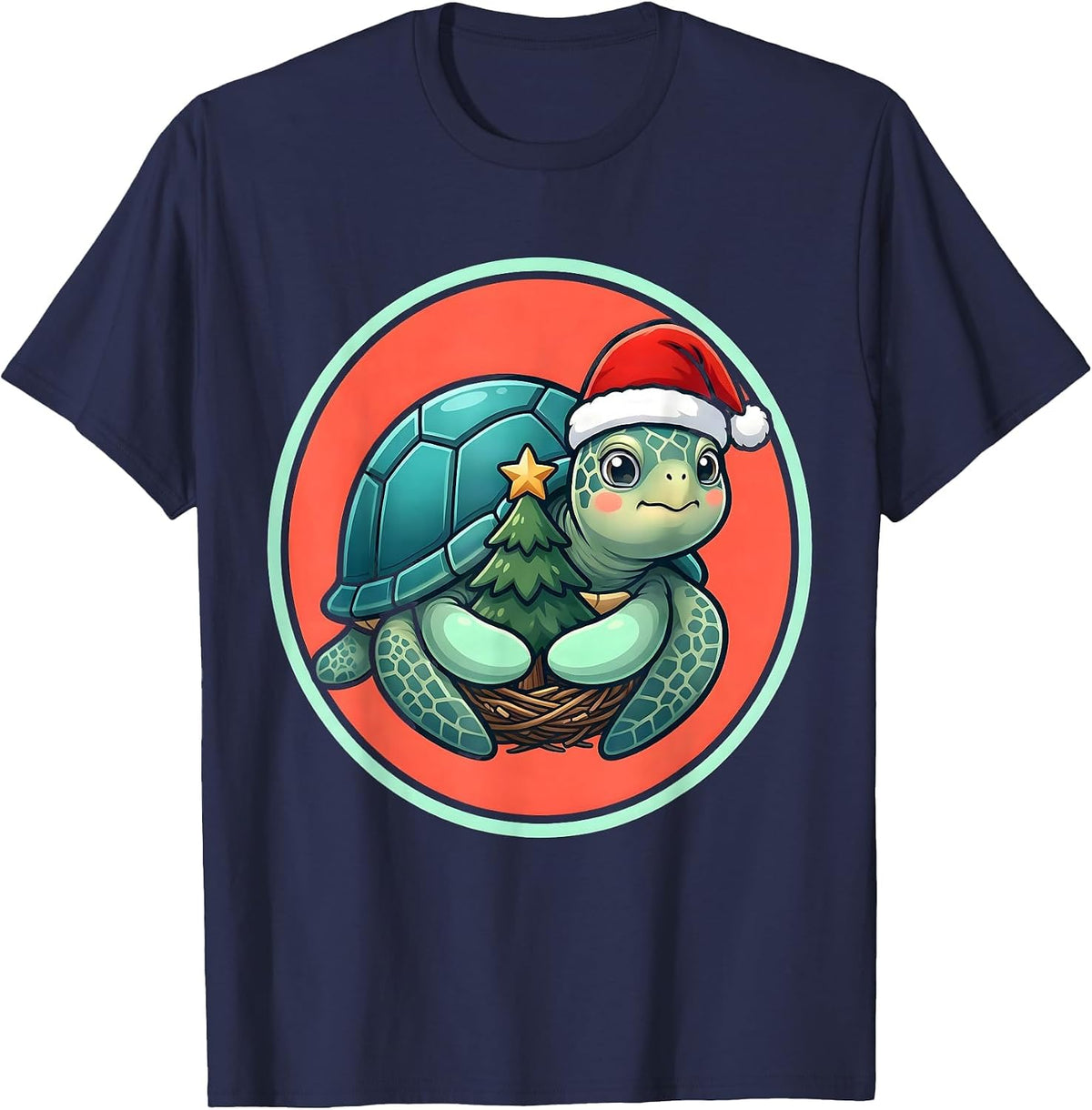 Men's Sea Turtle Santa Hat Cute Kawaii Christmas Novelty T-Shirt - Navy Blue