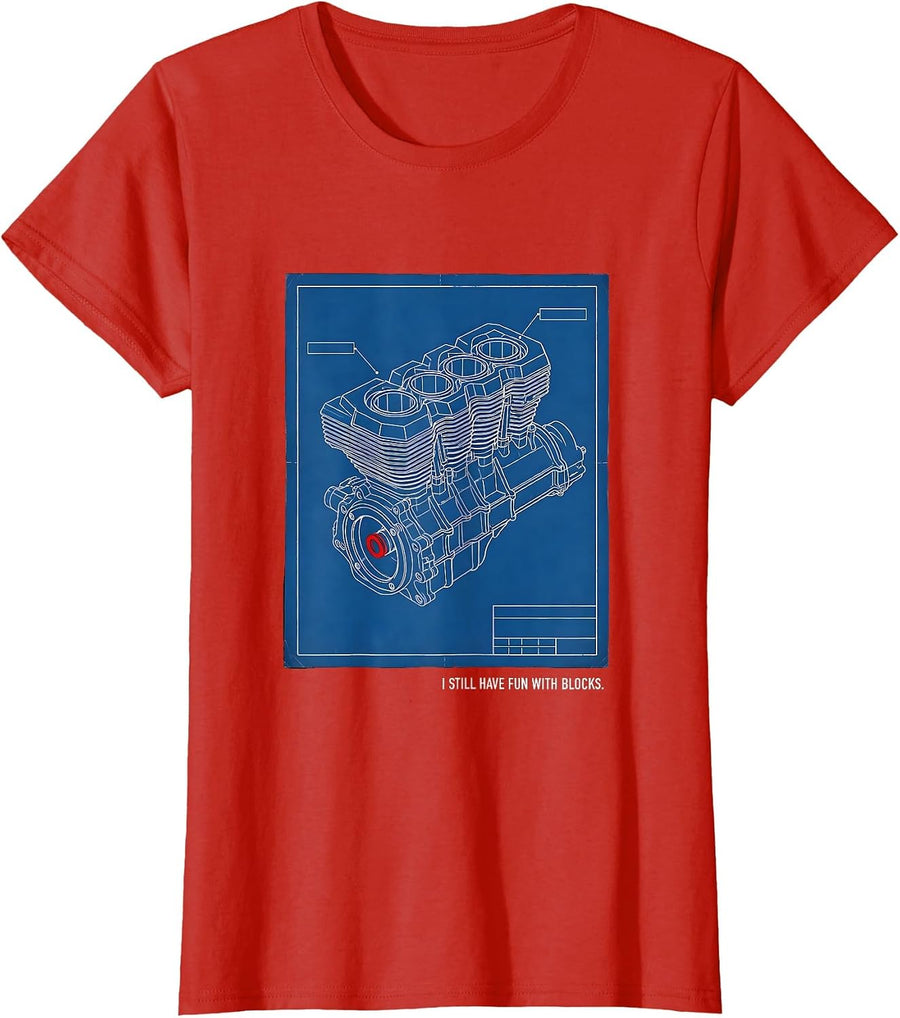Women's I Still Have Fun With Blocks Technical Blueprint Mechanic T-Shirt - Red