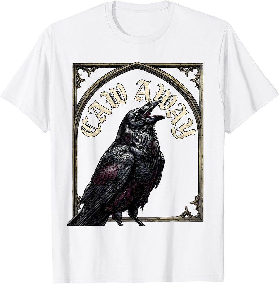 Men's Caw Away Gothic Raven Dark Humor Halloween Vintage T-Shirt - White