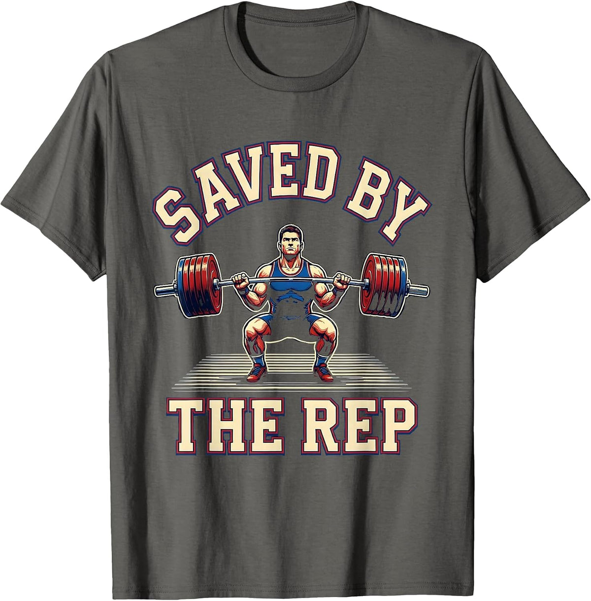 Saved By The Rep Christian Gym Weightlifting Scripture Humor T-Shirt - Asphalt Grey