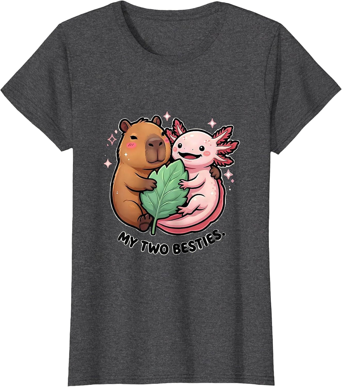 Women's My Two Besties Cute Kawaii Capybara Axolotl Animal Lover T-Shirt - Dark Heather Grey