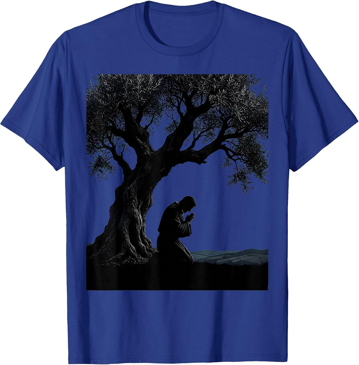 Jesus Kneeling in Garden at Night Illustration T-Shirt - Royal Blue