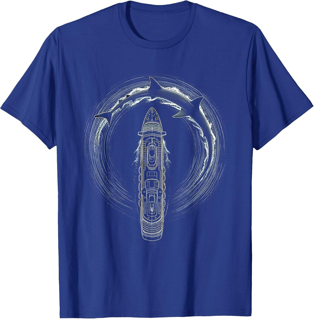 Men's Shark Fin Circling Cruise Ship Aerial View T-Shirt - Royal Blue