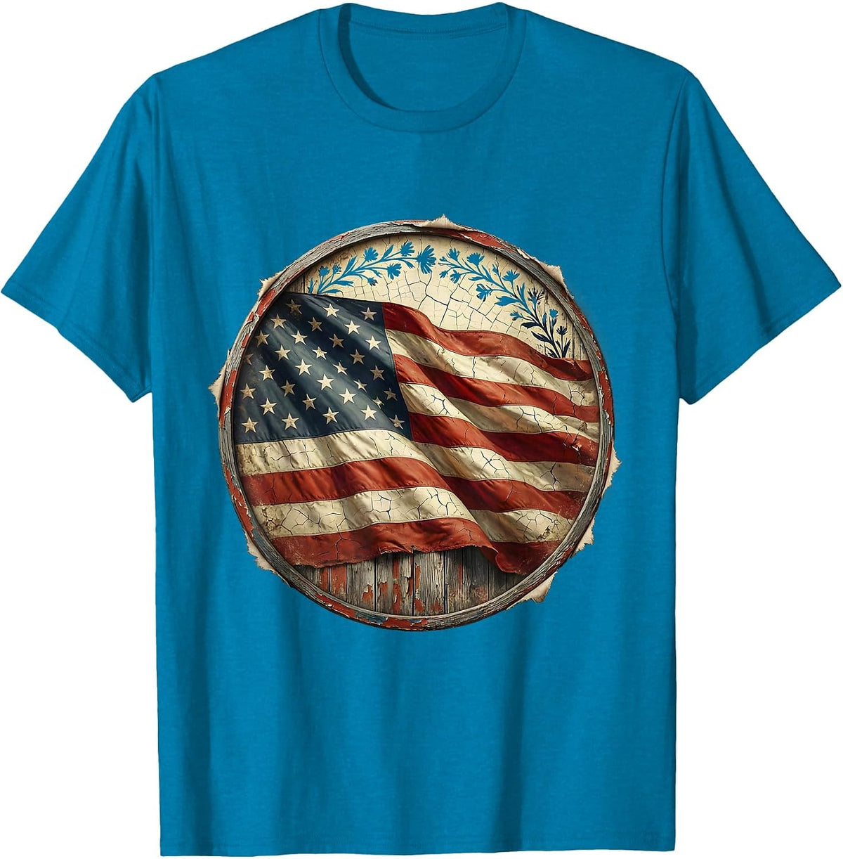 Girl in Flower Crown American Flag Cape Design T-Shirt - Sapphire Blue