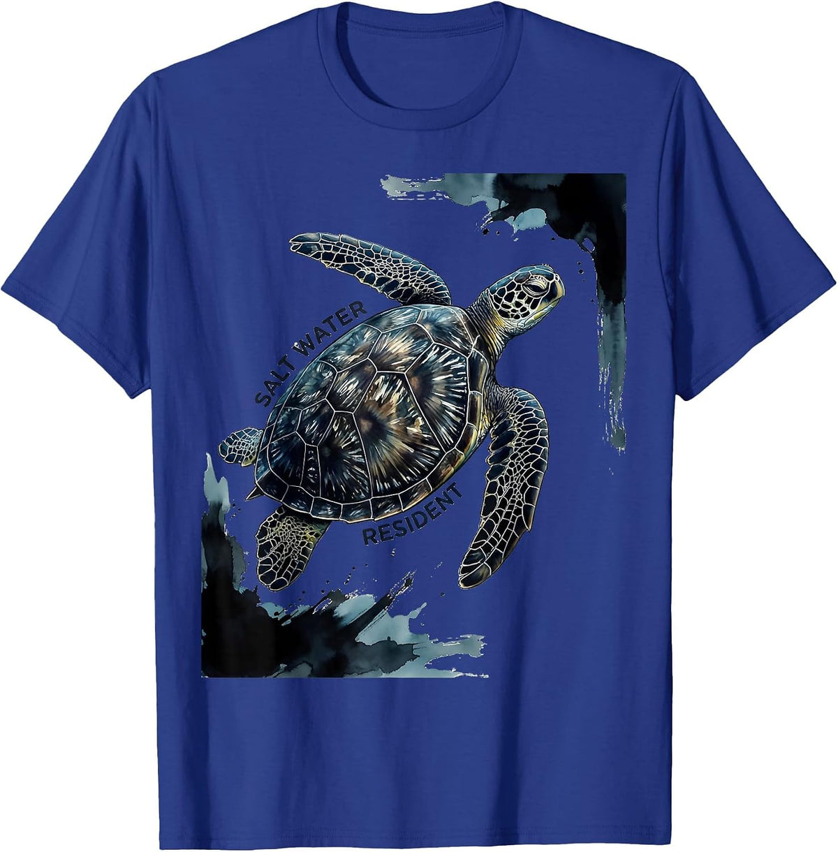 Men's Salt Water Resident Ink Brush Sea Turtle Tropical Souvenir T-Shirt - Royal Blue