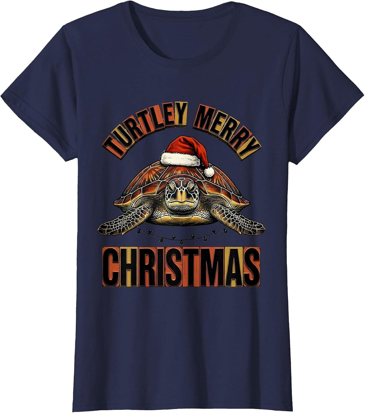 Women's Turtley Merry Christmas Wood Type Letterpress Sea Turtle T-Shirt - Navy Blue