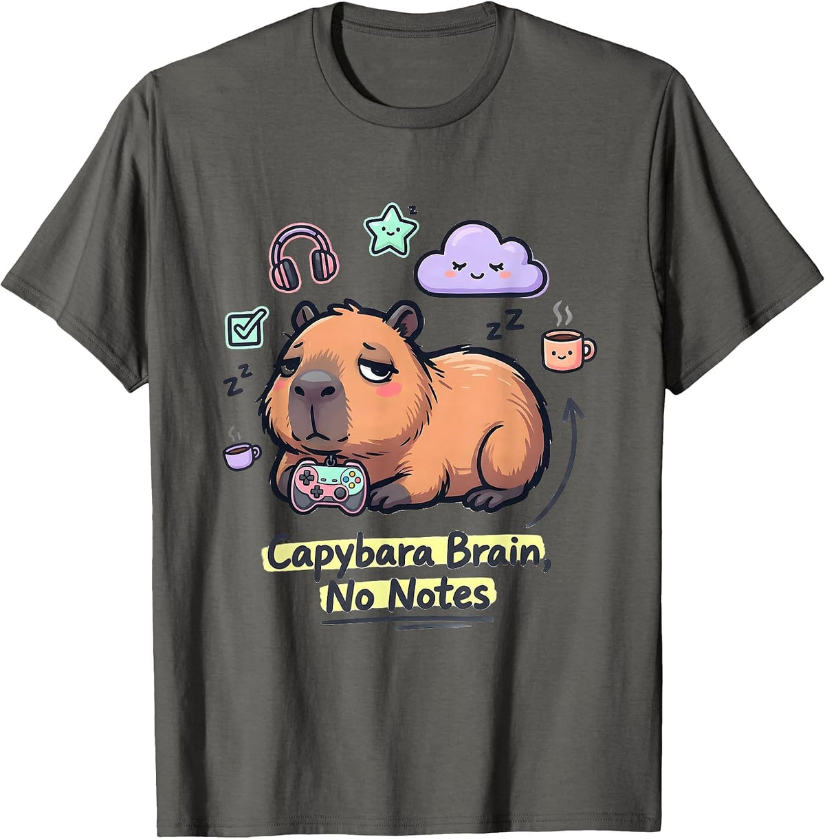 Capybara Brain No Notes Funny Gamer Kawaii Doodle Meme T-Shirt - Asphalt Grey