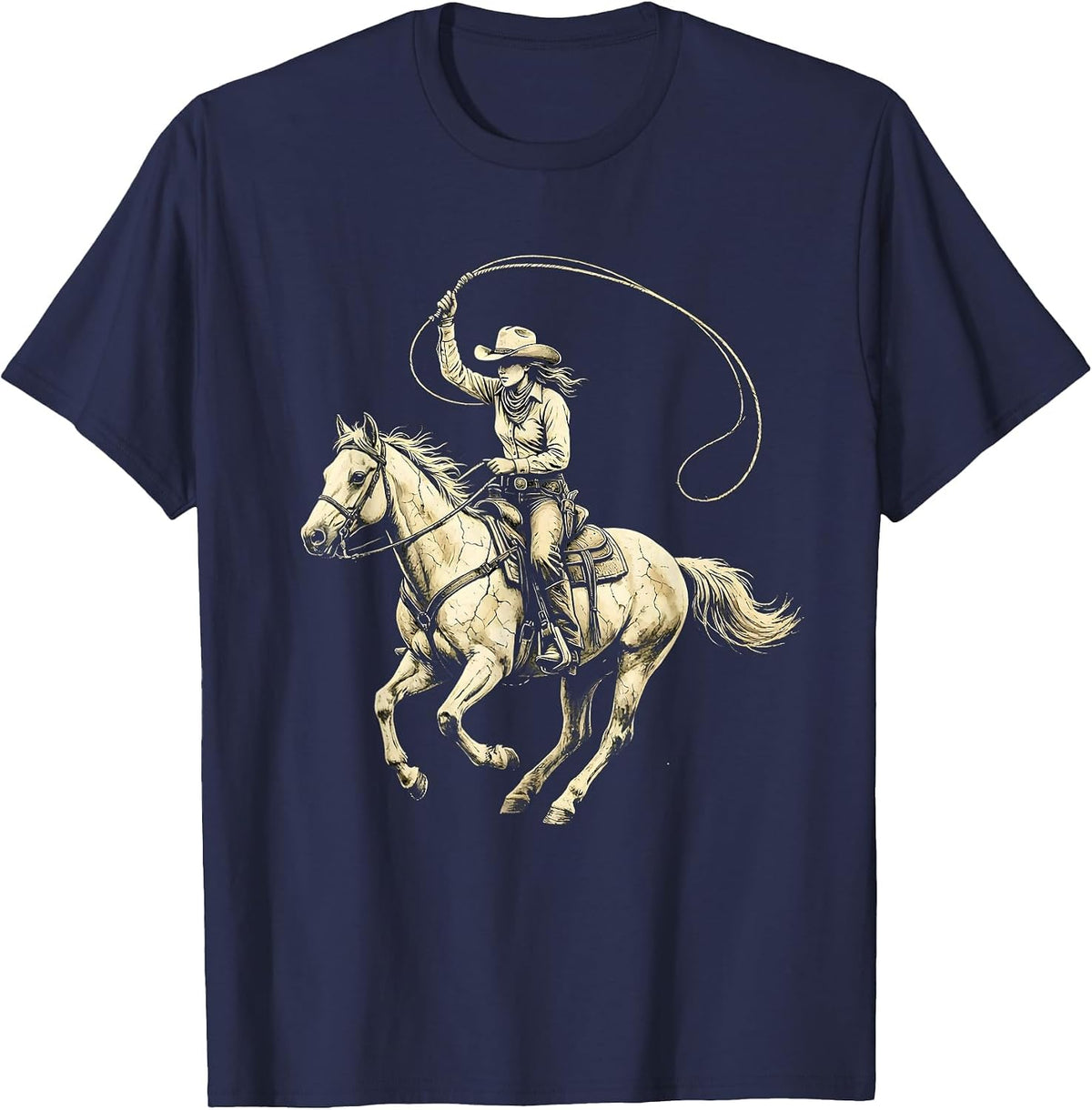 Cowgirl Lasso Horseback Western Riding Graphic T-Shirt - Navy Blue