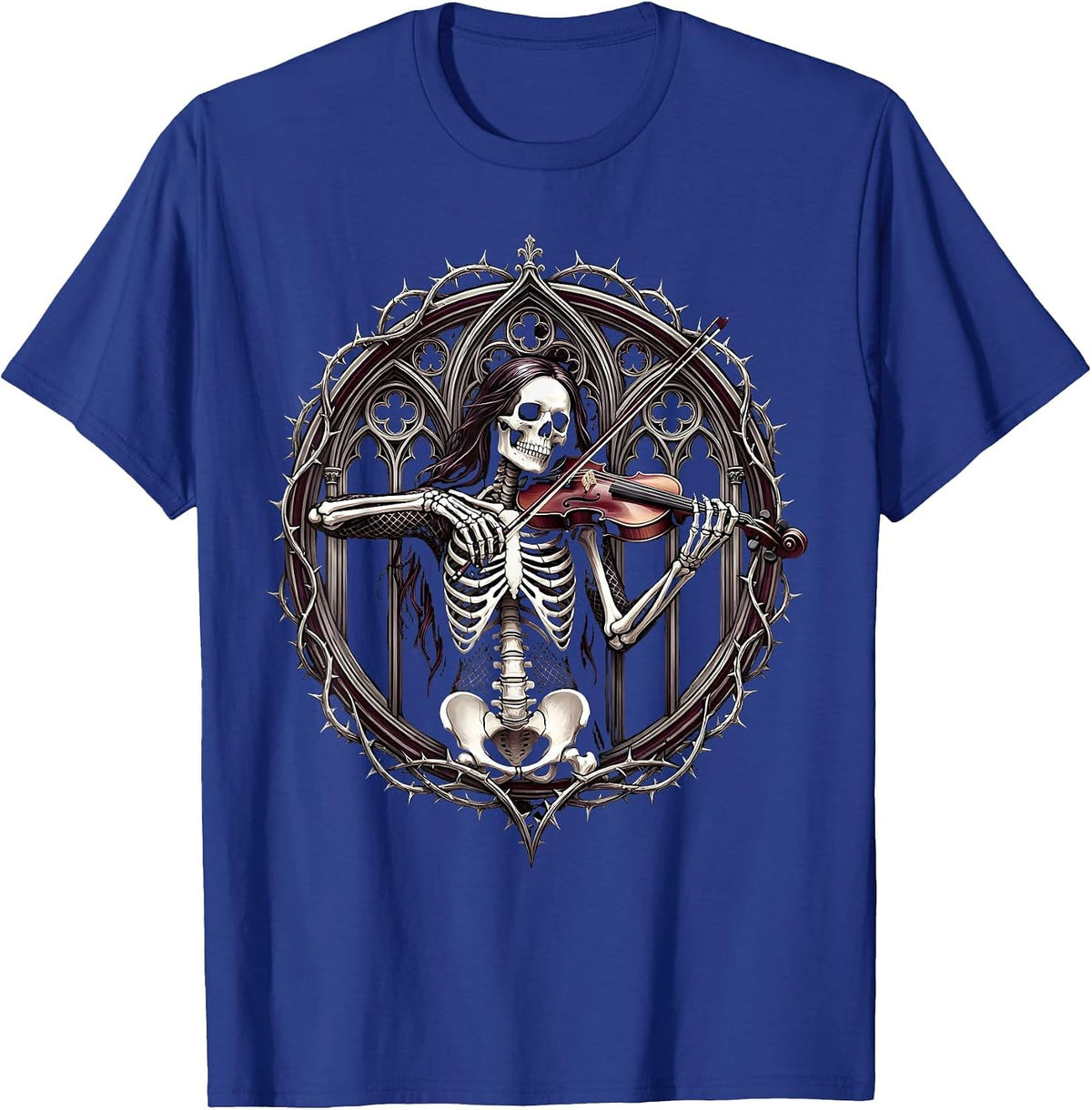 Skeletal Violinist Rock Band Fishnet Graphic T-Shirt - Royal Blue