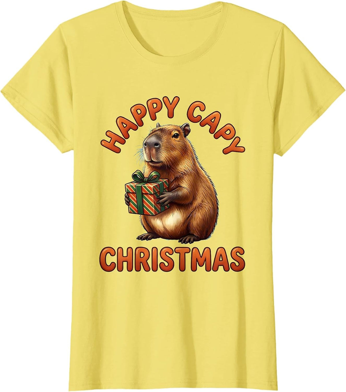 Happy Capy Christmas Cute Capybara Animal Lover Family Humor T-Shirt - Lemon Yellow
