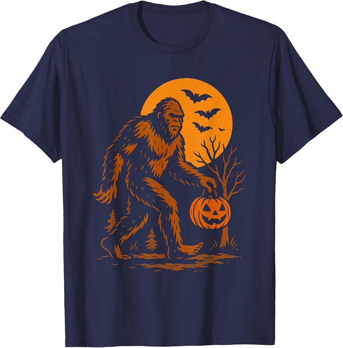 Bigfoot Halloween Sasquatch Jack O Lantern T-Shirt - Navy Blue