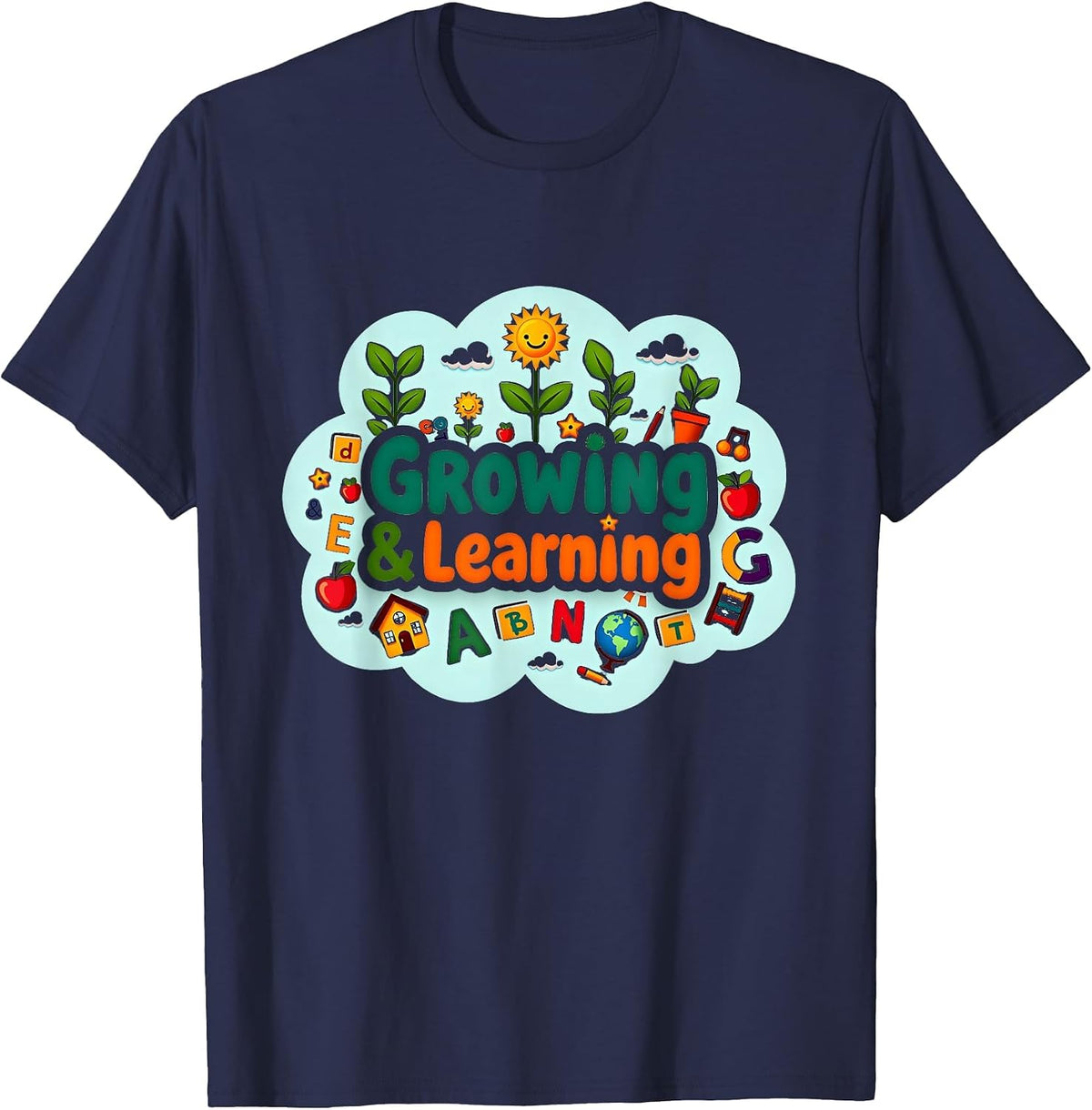 Boys Preschool Growing & Learning Education Theme T-Shirt - Navy Blue