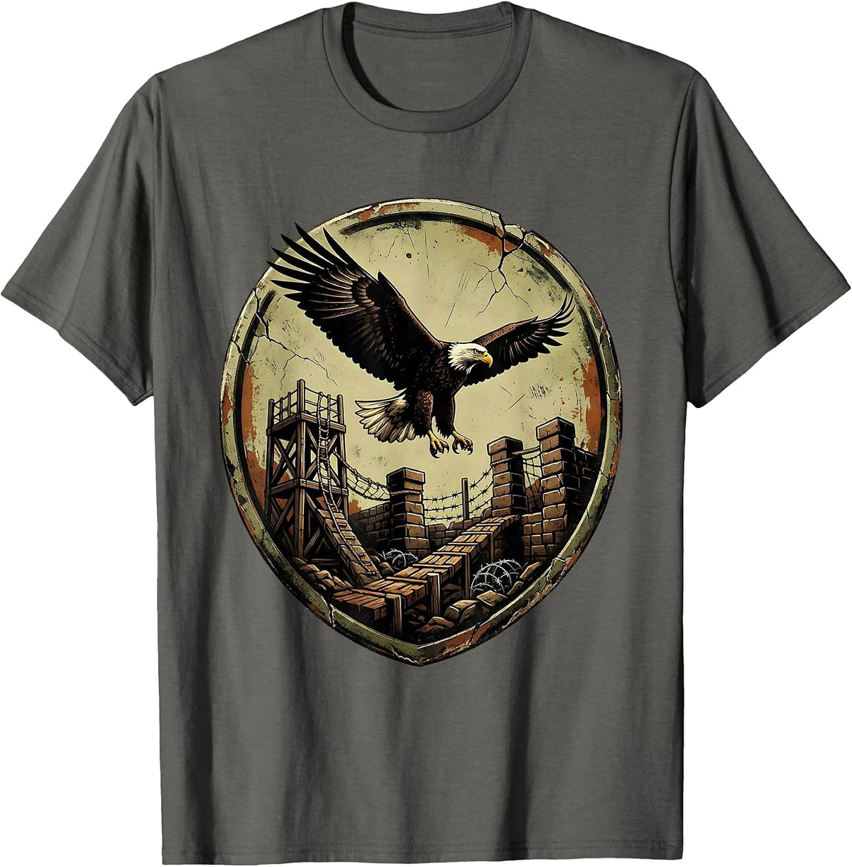 Eagle Soaring Over Military Obstacle Course T-Shirt - Asphalt Grey