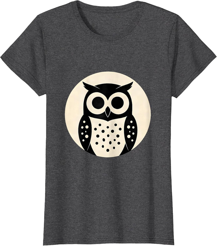 Women's Spotted Owl Polka Dot Glowing Eyes Illustration T-Shirt - Dark Heather Grey