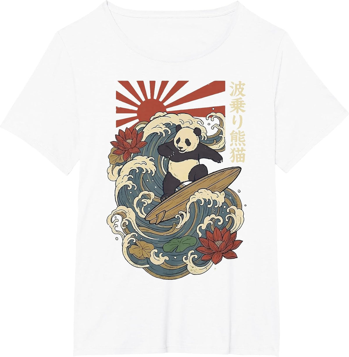 Panda Surfing Wave Japanese T-Shirt - White