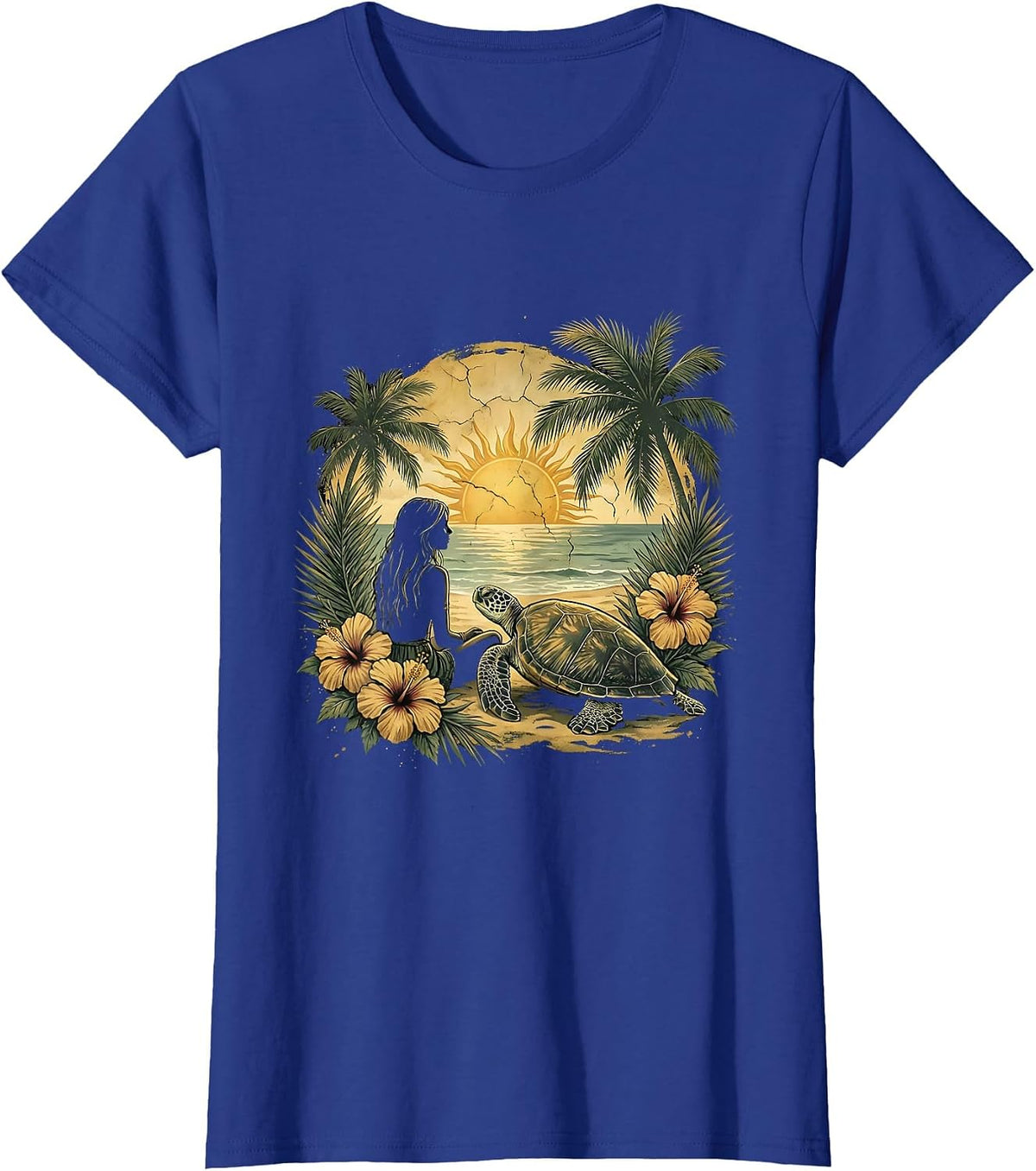 Women's Girl On Beach With Sea Turtle Hawaiian Design T-Shirt - Royal Blue
