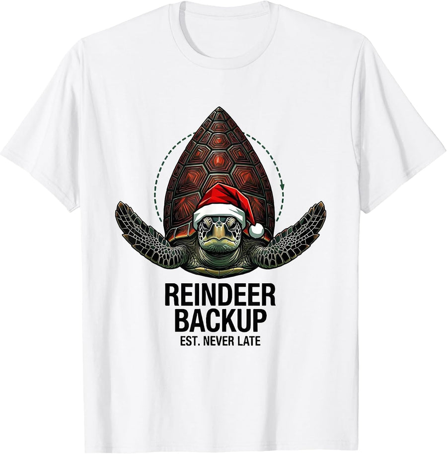 Men's Reindeer Backup Est Never Late Geometric Sea Turtle Santa T-Shirt - White