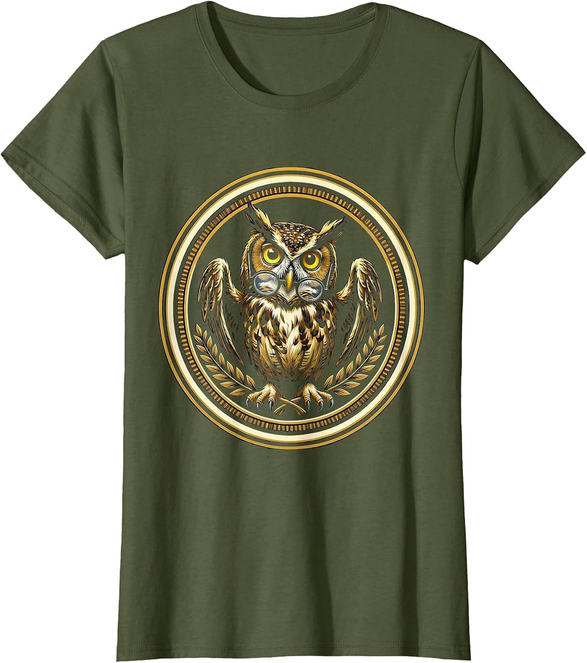 Women's Confused Owl in Glasses Funny Bookworm Design T-Shirt - Olive Green