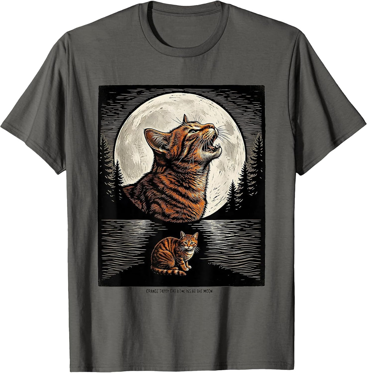 Men's Orange Tabby Cat Howling at the Moon 90's Retro Nature Art T-Shirt - Asphalt Grey