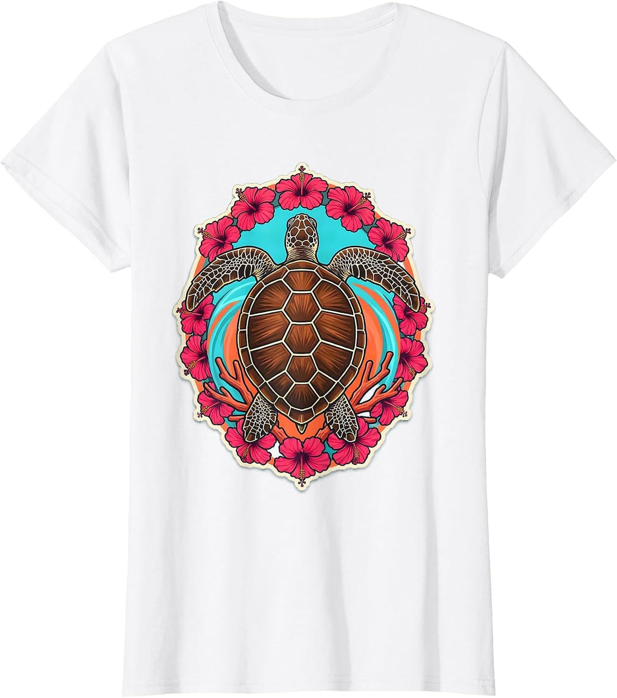 Women's Hawaii Sea Turtle Coral Reef Illustration T-Shirt - White