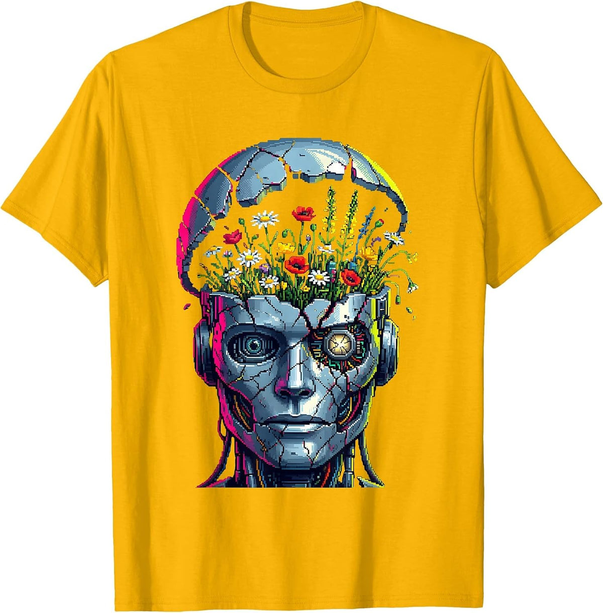 Broken Robot Wildflower Cyberpunk Graphic Design T-Shirt - Golden Yellow