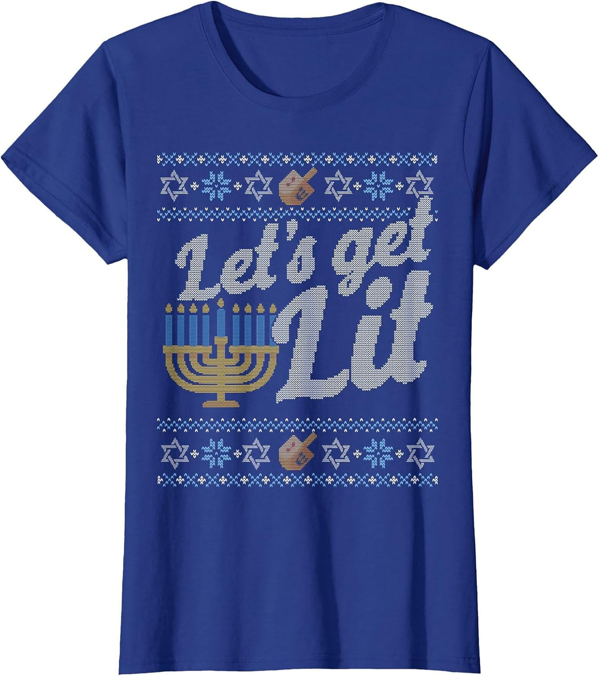 Funny Ugly Hanukkah Sweater Shirt Let's Get Lit Drinking tee T-Shirt - Royal Blue