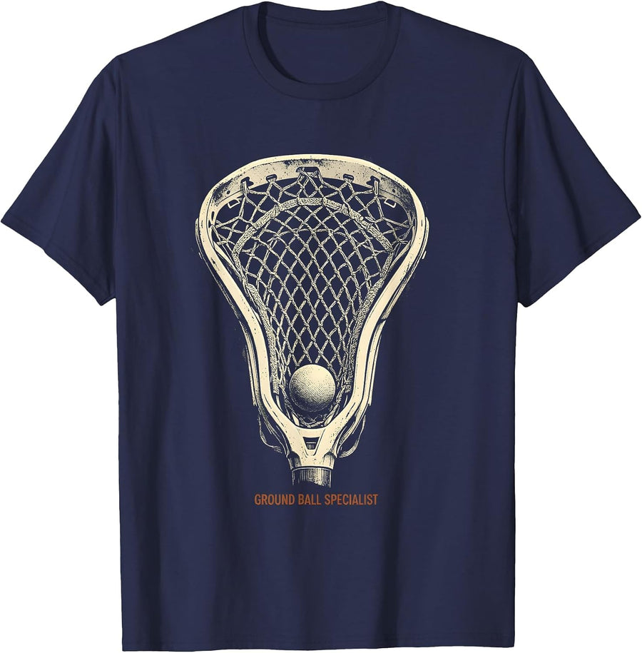 Ground Ball Specialist Rubber Stamp Lacrosse Player Humor T-Shirt - Navy Blue