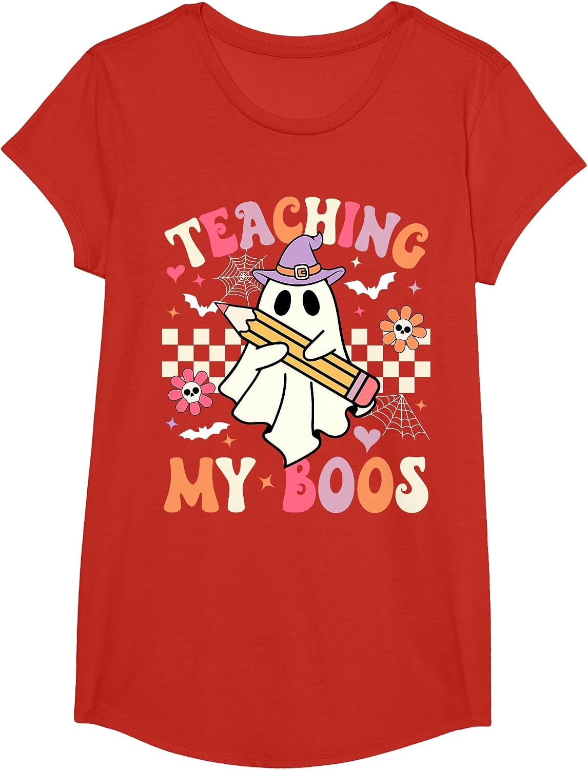 Teaching My Boos Teacher Cute Ghost Groovy Teacher Halloween T-Shirt - Girls Red