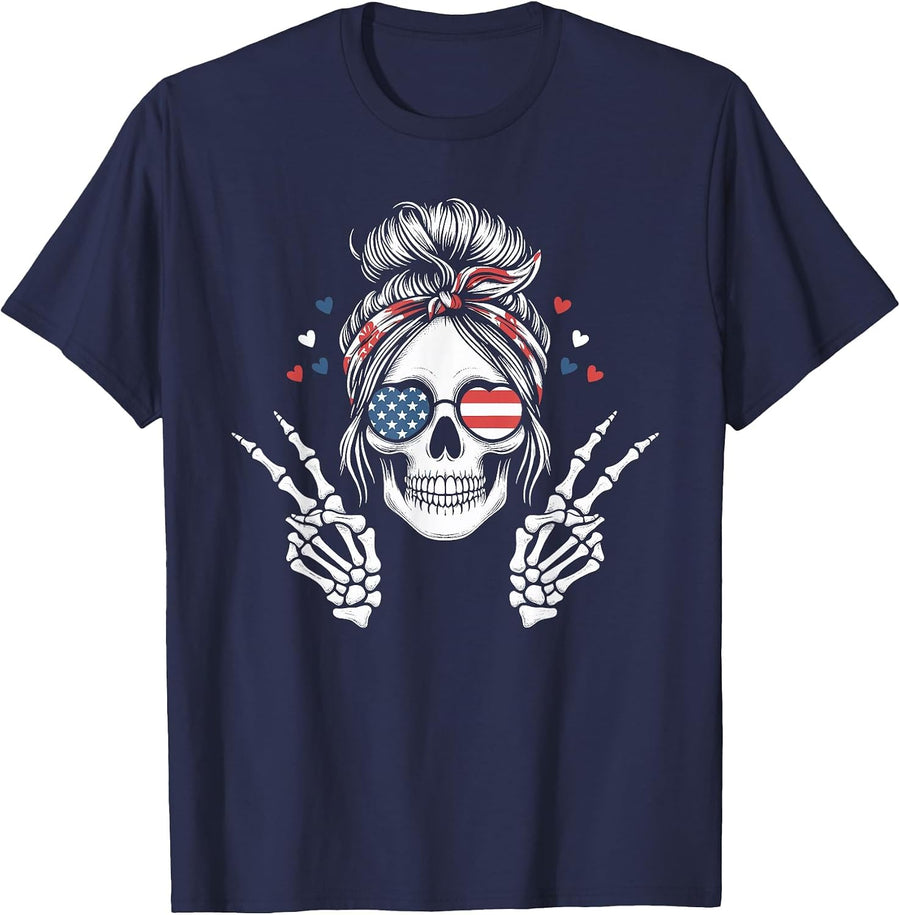 Patriotic American Flag Skull Messy Bun Peace USA 4th July T-Shirt - Navy Blue