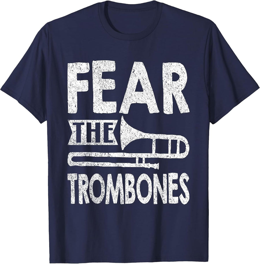 Fear The Trombones Funny Band Geek Distressed T-Shirt - Navy Blue