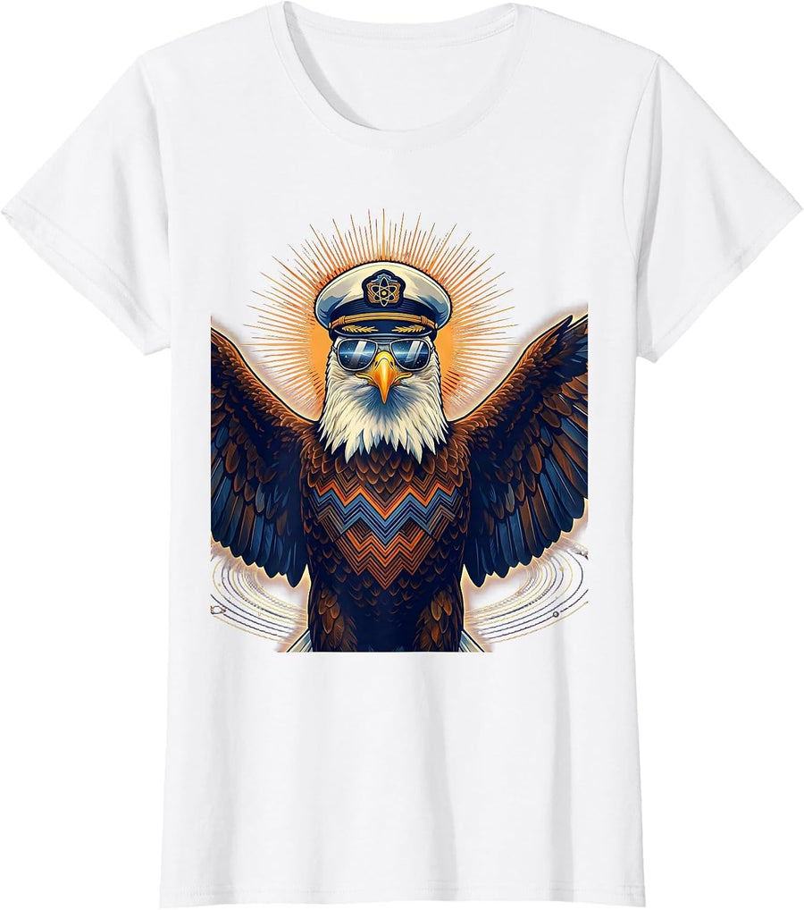 Women's Bold Eagle Aviator Sunglasses Captain Hat Graphic T-Shirt - White