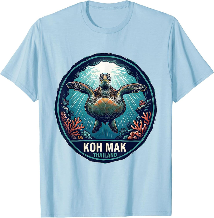 Men's Koh Mak Thailand Linocut Sea Turtle Beach Souvenir T-Shirt - Baby Blue