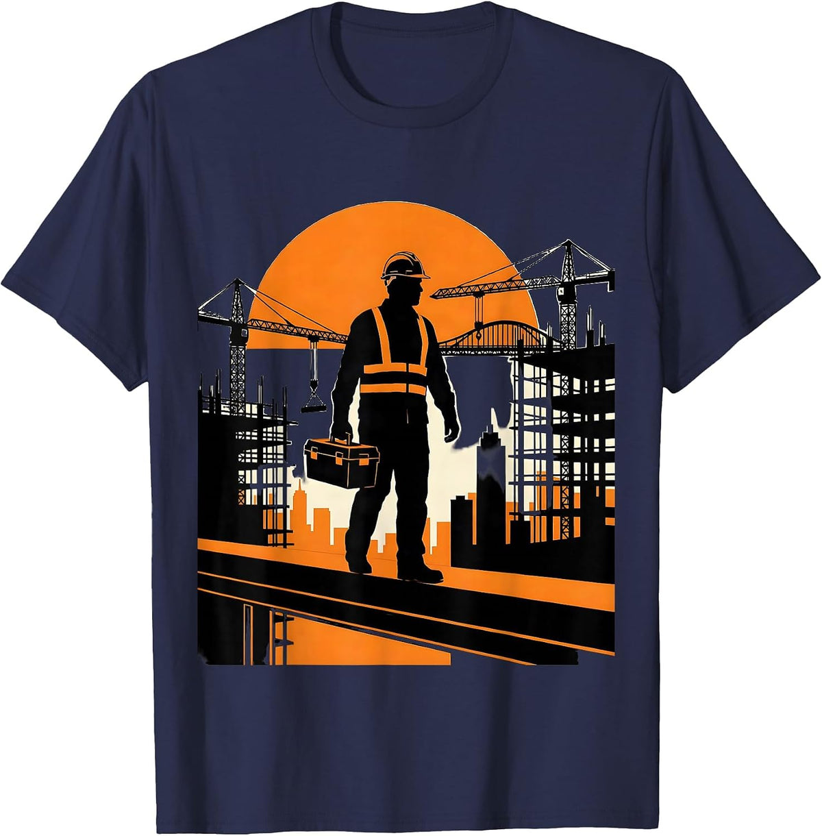 Men's Construction Worker Silhouette Sunset Skyline T-Shirt - Navy Blue