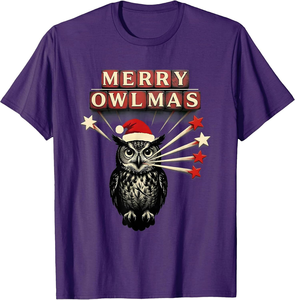 Men's Merry Owlmas! Owl Lover Santa Hat Christmas Lights Novelty T-Shirt - Purple