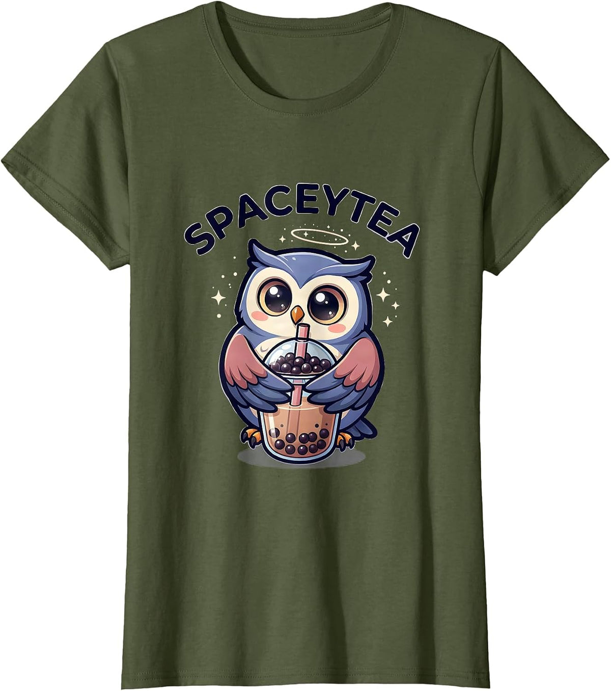 Women's Spaceytea Kawaii Anime Owl Boba Tea Lover Cute Chibi T-Shirt - Olive Green
