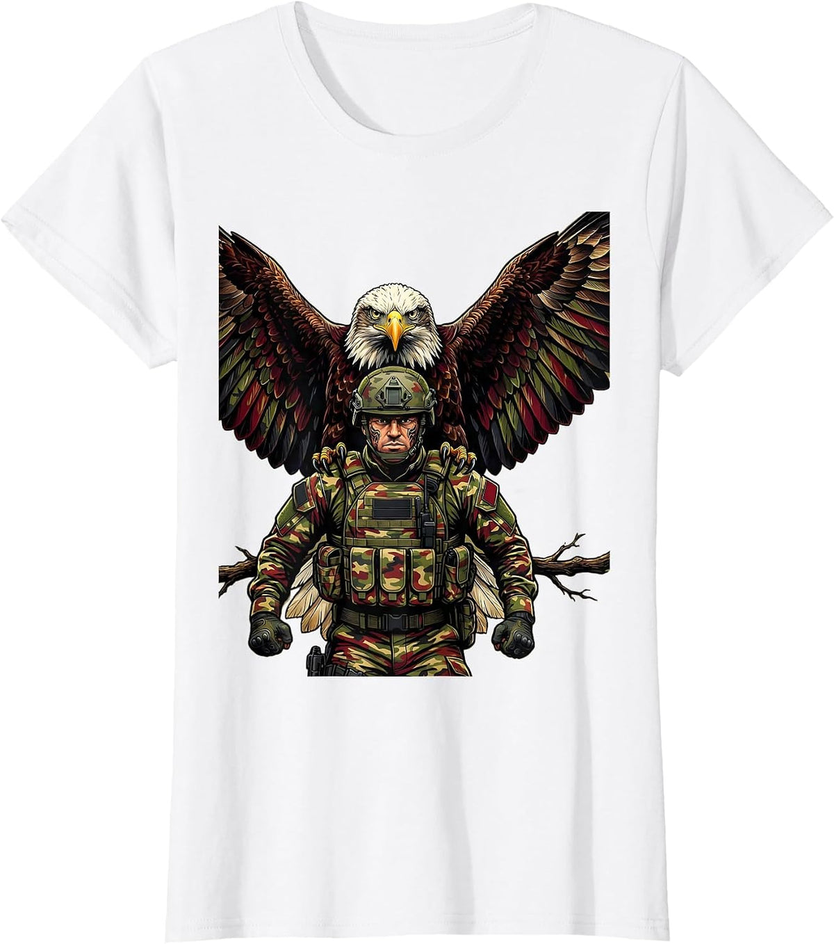 Camo Soldier and Eagle Patriotic Graphic Tee T-Shirt - White
