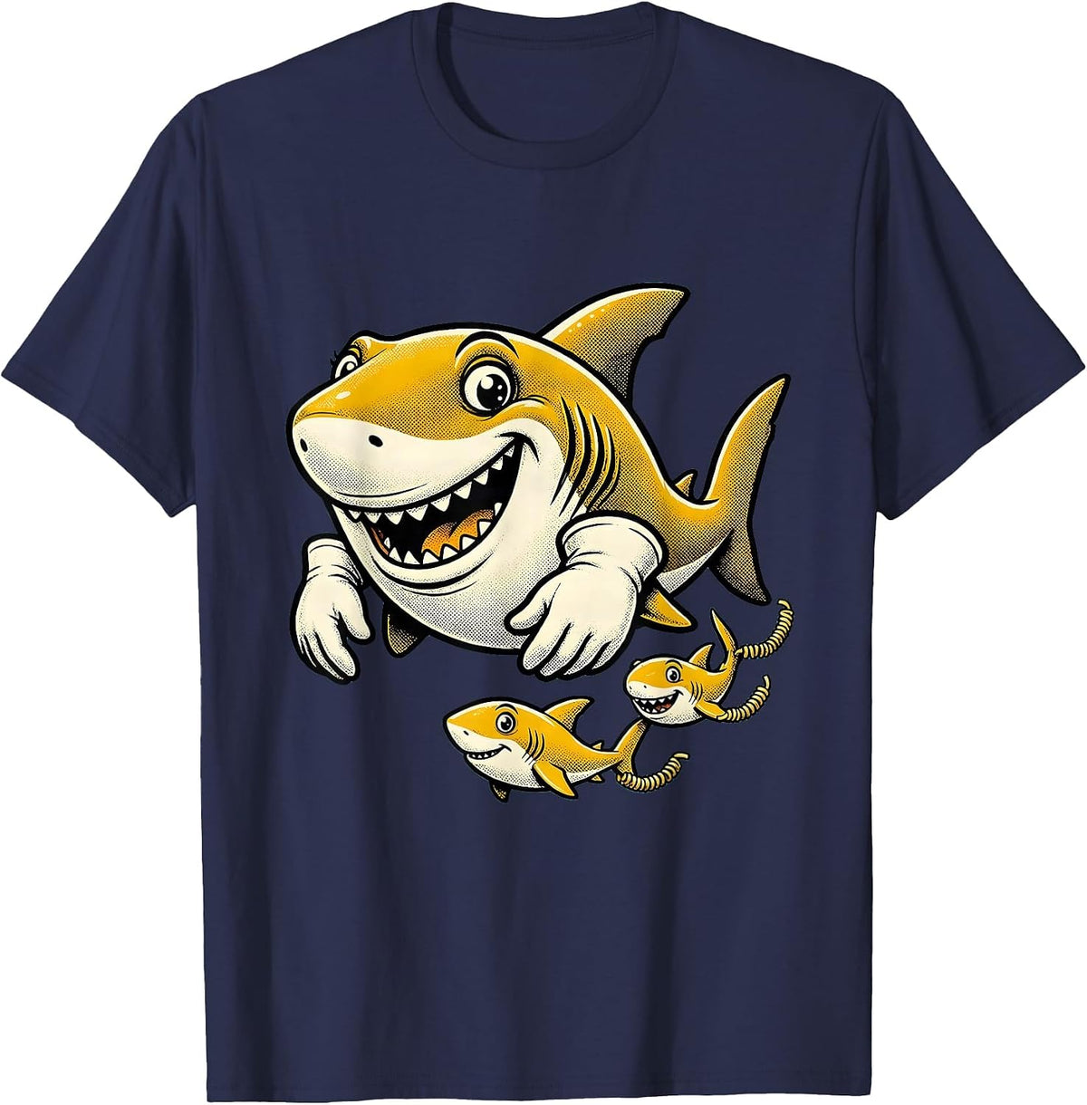 Men's Mama Shark and Pups Swimming in Formation T-Shirt - Navy Blue