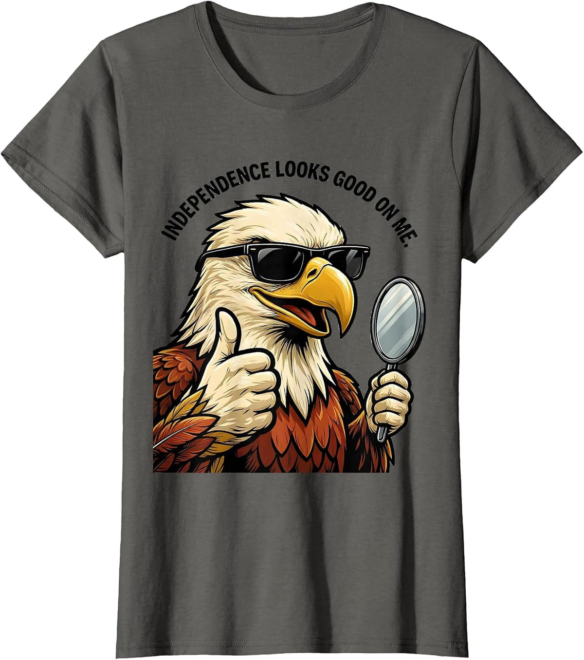 Women's Independence Looks Good On Me Retro Eagle Mascot Patriotic T-Shirt - Asphalt Grey